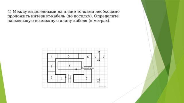 Между выделенными на плане точками необходимо проложить интернет кабель по потолку определите наим