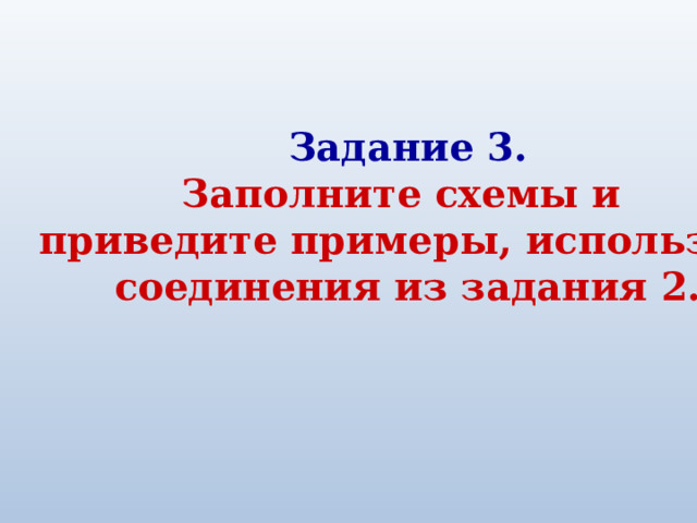 Задание 3. Заполните схемы и приведите примеры, используя соединения из задания 2. 