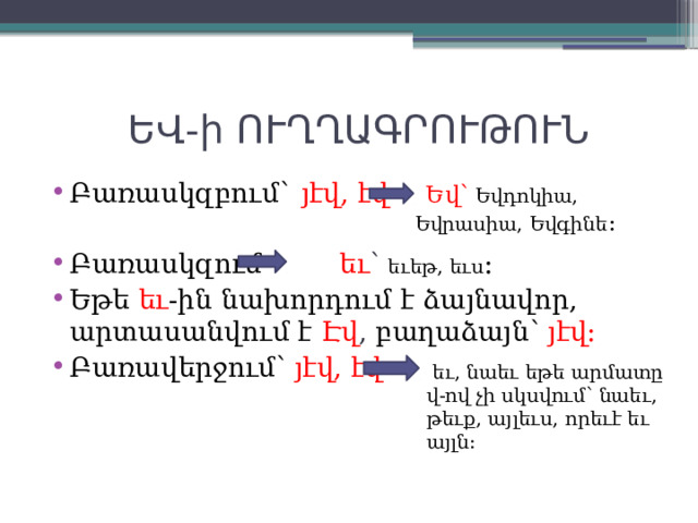  ԵՎ-ի ՈՒՂՂԱԳՐՈՒԹՈՒՆ Բառասկզբում`  յէվ, էվ Բառասկզում  եւ ՝ եւեթ, եւս : Եթե  եւ -ին նախորդում է ձայնավոր, արտասանվում է  Էվ , բաղաձայն՝  յէվ: Բառավերջում՝ յէվ, էվ  Եվ՝ Եվդոկիա, Եվրասիա, Եվգինե :  եւ, նաեւ եթե արմատը վ-ով չի սկսվում՝ նաեւ, թեւք, այլեւս, որեւէ եւ այլն: 