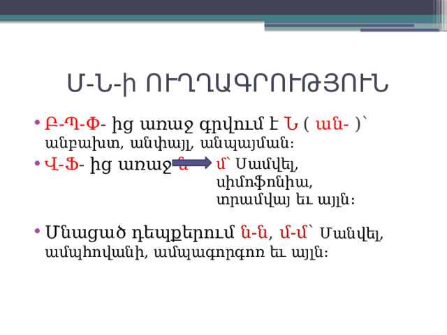  Մ-Ն-ի ՈՒՂՂԱԳՐՈՒԹՅՈՒՆ Բ-Պ-Փ - ից առաջ գրվում է Ն ( ան- )՝ անբախտ, անփայլ, անպայման: Վ-Ֆ - ից առաջ ն Մնացած դեպքերում ն-ն , մ-մ ՝ Մանվել, ամպհովանի, ամպագորգոռ եւ այլն: մ՝ Սամվել, սիմոֆոնիա, տրամվայ եւ այլն: 