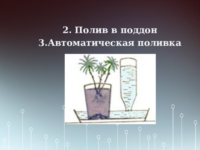 2. Полив в поддон 3.Автоматическая поливка  