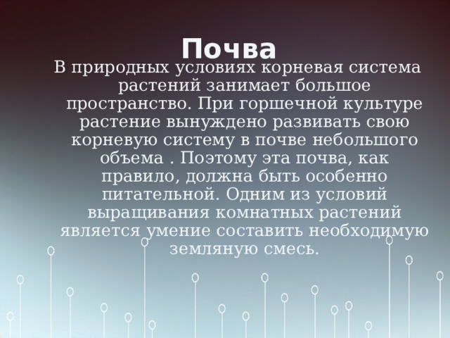 Почва В природных условиях корневая система растений занимает большое пространство. При горшечной культуре растение вынуждено развивать свою корневую систему в почве небольшого объема . Поэтому эта почва, как правило, должна быть особенно питательной. Одним из условий выращивания комнатных растений является умение составить необходимую земляную смесь. 