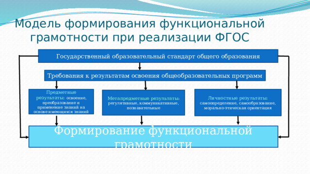 Модель формирования функциональной грамотности при реализации ФГОС Государственный образовательный стандарт общего образования Требования к результатам освоения общеобразовательных программ Предметные результаты: освоение, преобразование и применение знаний на основе имеющихся знаний Личностные результаты: самоопределение, самообразование, морально-этическая ориентация Метапредметные результаты : регулятивные, коммуникативные, познавательные Формирование функциональной грамотности 