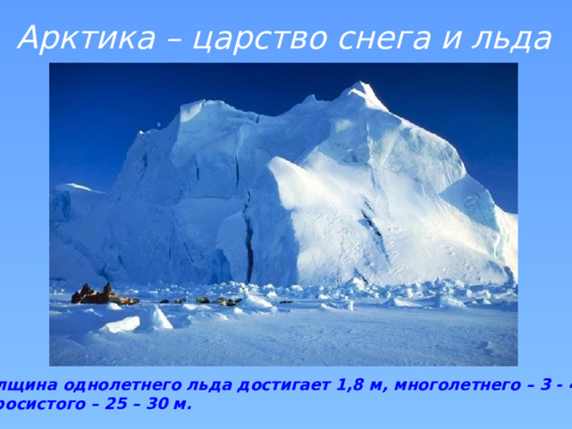 Арктика – царство снега и льда Толщина однолетнего льда достигает 1,8 м, многолетнего – 3 - 4 м, торосистого – 25 – 30 м.  