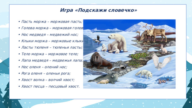 Игра «Подскажи словечко» • Пасть моржа – моржовая пасть; • Голова моржа – моржовая голова; • Нос медведя – медвежий нос; • Клыки моржа – моржовые клыки; • Ласты тюленя – тюленьи ласты; • Тело моржа – моржовое тело; • Лапа медведя – медвежья лапа; • Нос оленя – олений нос; • Рога оленя – оленьи рога; • Хвост волка – волчий хвост; • Хвост песца – песцовый хвост. 