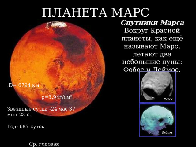ПЛАНЕТА МАРС Спутники Марса Вокруг Красной планеты, как ещё называют Марс, летают две небольшие луны: Фобос и Деймос. . D= 6794 км; ρ=3,94г/см 3  Звёздные сутки -24 час 37 мин 23 с. Год- 687 суток Ср. годовая температура= - 60̊. 