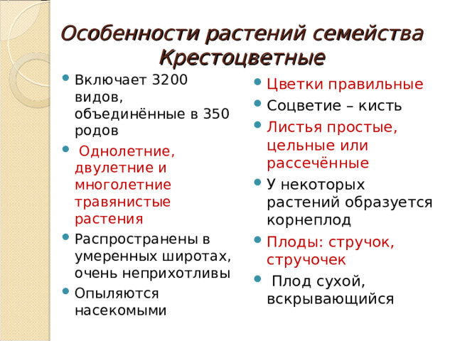 Особенности растений семейства Крестоцветные Включает 3200 видов, объединённые в 350 родов  Однолетние, двулетние и многолетние травянистые растения Распространены в умеренных широтах, очень неприхотливы Опыляются насекомыми  Цветки правильные Соцветие – кисть Листья простые, цельные или рассечённые У некоторых растений образуется корнеплод Плоды: стручок, стручочек  Плод сухой, вскрывающийся 