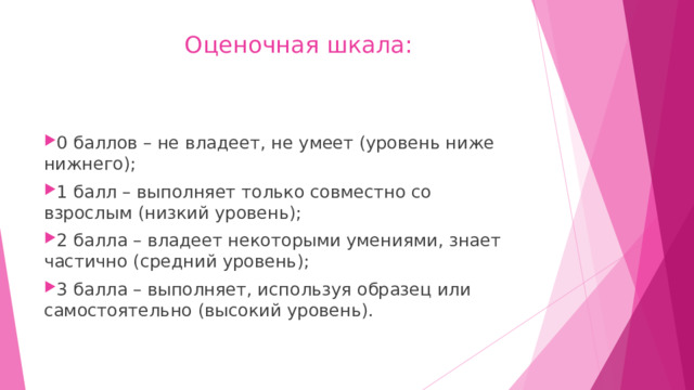 Оценочная шкала:     0 баллов – не владеет, не умеет (уровень ниже нижнего); 1 балл – выполняет только совместно со взрослым (низкий уровень); 2 балла – владеет некоторыми умениями, знает частично (средний уровень); 3 балла – выполняет, используя образец или самостоятельно (высокий уровень). 