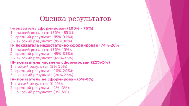  Оценка результатов I-показатель сформирован (100% - 75%)  1 – низкий результат (75% - 85%);  2 –средний результат (85%-95%);  3 – высокий результат (95-100%).  II- показатель недостаточно сформирован (74%-26%)  1 – низкий результат (25%-45%);  2 –средний результат (45%-65%);  3 – высокий результат (65%-75%).  III- показатель частично сформирован (25%-5%)  1– низкий результат (5%-10%);  2 –средний результат (10%-20%);  3 – высокий результат (20%-25%).  IV- показатель не сформирован (5%-0%)  1– низкий результат (0-1%);  2 –средний результат (1% -3%);  3 – высокий результат (3%-5%). 