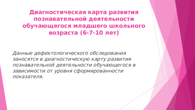 Диагностическая карта развития познавательной деятельности обучающегося младшего школьного возраста (6-7-10 лет)    Данные дефектологического обследования заносятся в диагностическую карту развития познавательной деятельности обучающегося в зависимости от уровня сформированности показателя. 