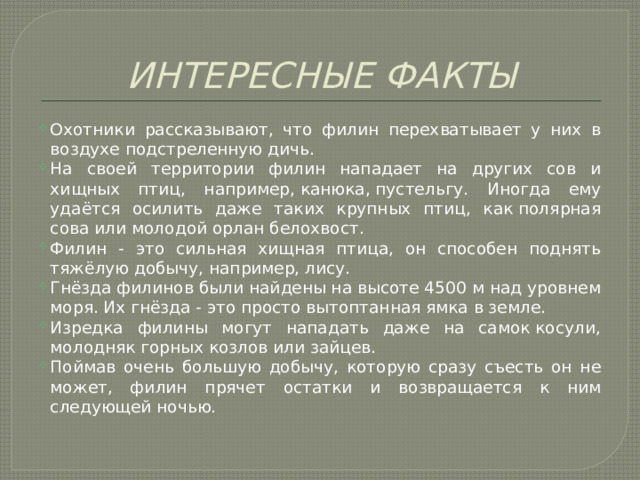 ИНТЕРЕСНЫЕ ФАКТЫ Охотники рассказывают, что филин перехватывает у них в воздухе подстреленную дичь. На своей территории филин нападает на других сов и хищных птиц, например, канюка, пустельгу. Иногда ему удаётся осилить даже таких крупных птиц, как полярная сова или молодой орлан белохвост. Филин - это сильная хищная птица, он способен поднять тяжёлую добычу, например, лису. Гнёзда филинов были найдены на высоте 4500 м над уровнем моря. Их гнёзда - это просто вытоптанная ямка в земле. Изредка филины могут нападать даже на самок косули, молодняк горных козлов или зайцев. Поймав очень большую добычу, которую сразу съесть он не может, филин прячет остатки и возвращается к ним следующей ночью. 