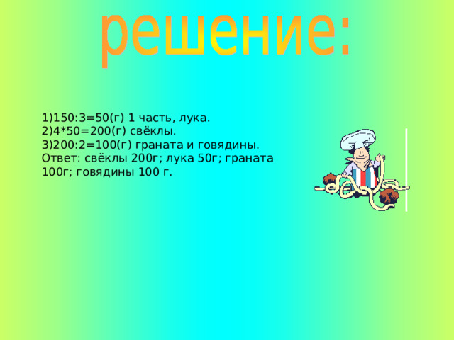 1)150:3=50(г) 1 часть, лука. 2)4*50=200(г) свёклы. 3)200:2=100(г) граната и говядины. Ответ: свёклы 200г; лука 50г; граната 100г; говядины 100 г. 