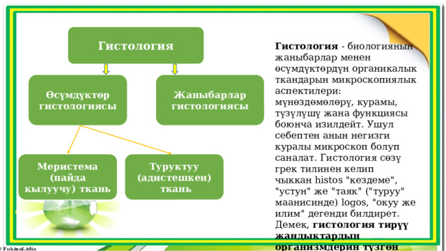 Гистология Гистология - биологиянын жаныбарлар менен өсүмдүктөрдүн органикалык ткандарын микроскопиялык аспектилери: мүнөздөмөлөрү, курамы, түзүлүшү жана функциясы боюнча изилдейт. Ушул себептен анын негизги куралы микроскоп болуп саналат. Гистология сөзү грек тилинен келип чыккан histos 