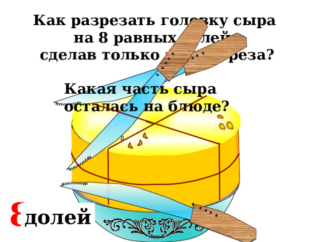 Как разрезать головку сыра на 8 равных долей, сделав только три разреза? Какая часть сыра осталась на блюде? 2 8 8 4 доли долей долей 