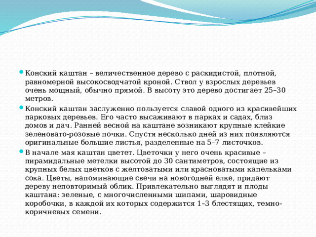 Конский каштан – величественное дерево с раскидистой, плотной, равномерной высокосводчатой кроной. Ствол у взрослых деревьев очень мощный, обычно прямой. В высоту это дерево достигает 25–30 метров. Конский каштан заслуженно пользуется славой одного из красивейших парковых деревьев. Его часто высаживают в парках и садах, близ домов и дач. Ранней весной на каштане возникают крупные клейкие зеленовато-розовые почки. Спустя несколько дней из них появляются оригинальные большие листья, разделенные на 5–7 листочков. В начале мая каштан цветет. Цветочки у него очень красивые – пирамидальные метелки высотой до 30 сантиметров, состоящие из крупных белых цветков с желтоватыми или красноватыми капельками сока. Цветы, напоминающие свечи на новогодней елке, придают дереву неповторимый облик. Привлекательно выглядят и плоды каштана: зеленые, с многочисленными шипами, шаровидные коробочки, в каждой их которых содержится 1–3 блестящих, темно-коричневых семени. 