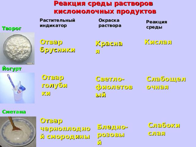 Реакция среды растворов кисломолочных продуктов Растительный индикатор Окраска раствора Реакция среды Творог Отвар брусники Кислая Красная Йогурт Отвар голубики Светло-фиолетовый Слабощелочная Сметана Отвар черноплодной смородины Слабокислая Бледно-розовый 