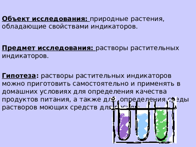 Объект исследования:  природные растения, обладающие свойствами индикаторов. Предмет исследования:  растворы растительных индикаторов. Гипотеза : растворы растительных индикаторов можно приготовить самостоятельно и применять в домашних условиях для определения качества продуктов питания, а также для определения среды растворов моющих средств для посуды. 