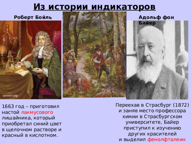Из истории индикаторов  Роберт Бойль Адольф фон Байер Переехав в Страсбург (1872) и заняв место профессора химии в Страсбургском университете, Байер приступил к изучению других красителей и выделил фенолфталеин и эозин. 1663 год – приготовил настой лакмусового лишайника, который приобретал синий цвет в щелочном растворе и красный в кислотном. 