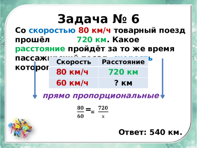 Задача № 6 Со скоростью  80 км/ч товарный поезд прошёл 720 км . Какое расстояние пройдёт за то же время пассажирский поезд, скорость которого 60 км/ч ? Скорость Расстояние 80 км/ч 720 км 60 км/ч ? км прямо пропорциональные  =       Ответ: 540 км. 