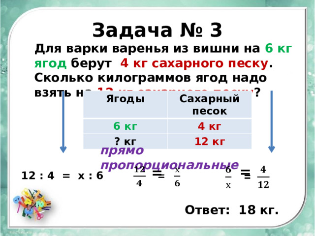 Задача № 3 Для варки варенья из вишни на 6 кг ягод берут 4 кг сахарного песку . Сколько килограммов ягод надо взять на 12 кг сахарного песку ? Ягоды Сахарный песок 6 кг 4 кг ? кг 12 кг прямо пропорциональные  =        =    12 : 4 = х : 6 Ответ: 18 кг. 