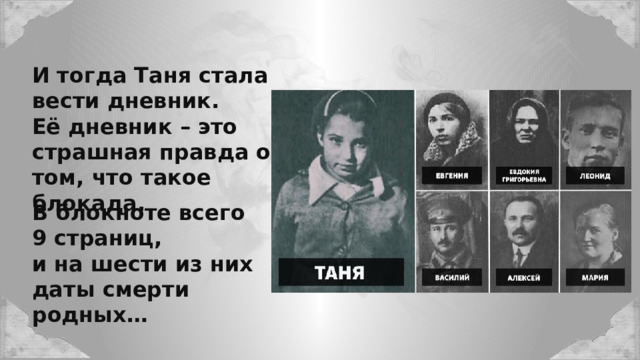 И тогда Таня стала вести дневник. Её дневник – это страшная правда о том, что такое блокада. В блокноте всего 9 страниц, и на шести из них даты смерти родных… 