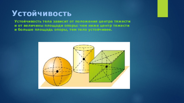 Устойчивость Устойчивость тела зависит от положения центра тяжести и от величины площади опоры: чем ниже центр тяжести и больше площадь опоры, тем тело устойчивее. 