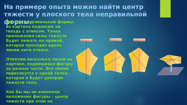 На примере опыта можно найти центр тяжести у плоского тела неправильной формы. Фигуру неправильной формы из картона подвесим на гвоздь с отвесом. Точка приложения силы тяжести будет лежать на прямой, которая проходит вдоль линии нити отвеса.  Отметим несколько линий на картоне, подвешивая фигуру за разные части. Все линии пересекутся в одной точке, которая и будет центром тяжести тела.  Как бы мы не изменяли положение фигуры – центр тяжести при этом не изменился. 