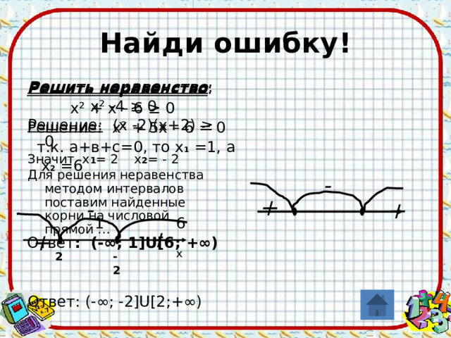 Найди ошибку! Решить неравенство :  х² -4 ≥ 0 Решение: (х -2)(х+2) ≥ 0 Значит х 1 = 2 х 2 = - 2 Для решения неравенства методом интервалов поставим найденные корни на числовой прямой … Ответ: (-∞; -2]U[2;+∞) Решить неравенство :  х² + х – 6 ≥ 0 Решение: х² + 5х – 6 = 0  т.к. а+в+с=0, то х 1 =1, а  х 2 =6  1 6 Ответ : (-∞; 1]U[6; +∞) + + - + - + x -2 2 