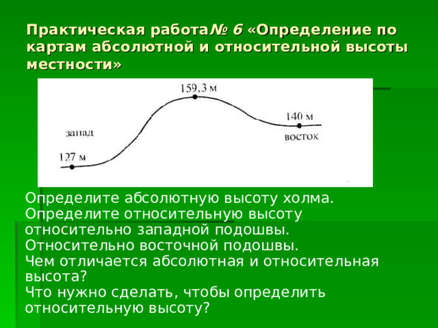 Максимальная и минимальная абсолютная высота. Как определить абсолютную высоту холма. Задача на определение относительной и абсолютной высоты.