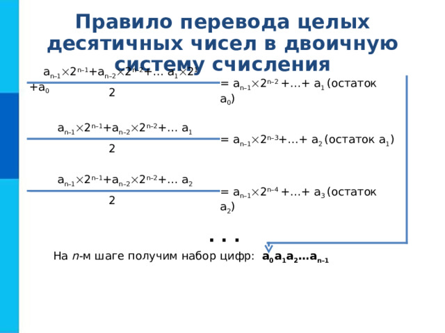 Правило перевода целых десятичных чисел в двоичную систему счисления  a n–1  2 n–1 +a n–2  2 n–2 +… a 1  2 1 +a 0 = a n–1  2 n–2 +…+ a 1 (остаток a 0 ) 2  a n–1  2 n–1 +a n–2  2 n–2 +… a 1 = a n–1  2 n–3 +…+ a 2 (остаток a 1 ) 2  a n–1  2 n–1 +a n–2  2 n–2 +… a 2 = a n–1  2 n–4 +…+ a 3 (остаток a 2 ) 2 . . . На n -м шаге получим набор цифр: a 0 a 1 a 2 …a n–1 