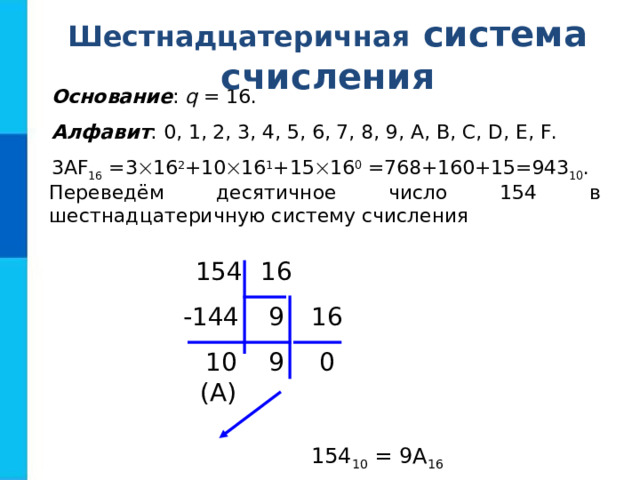 Шестнадцатеричная  система  счисления Основание : q = 16. Алфавит : 0, 1, 2, 3, 4, 5, 6, 7, 8, 9, A, B, C, D, E, F. 3АF 16 =3  16 2 +10  16 1 +15  16 0 =768+160+15=943 10 . Переведём десятичное число 154 в шестнадцатеричную систему счисления 154 16  9  -144 16 10  9  0 (А) 154 10 = 9А 16 
