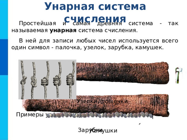 Унарная система счисления Простейшая и самая древняя система - так называемая унарная система счисления. В ней для записи любых чисел используется всего один символ - палочка, узелок, зарубка, камушек. Узелки, дощечки Узелковое письмо «кипу» Примеры узлов «кипу» Зарубки Камушки 