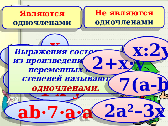 Являются одночленами Не являются одночленами х х:2у а·b Выражения состоящие из произведений чисел, переменных и их степеней называют  одночленами. 2+х·у - ½  7 7(а-b) 4·х·у 2а 2 –3х аb·7·а·а  