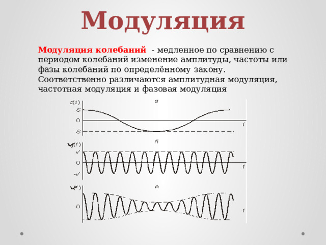 Модуляция Модуляция колебаний   - медленное по сравнению с периодом колебаний изменение амплитуды, частоты или фазы колебаний по определённому закону. Соответственно различаются амплитудная модуляция, частотная модуляция и фазовая модуляция 