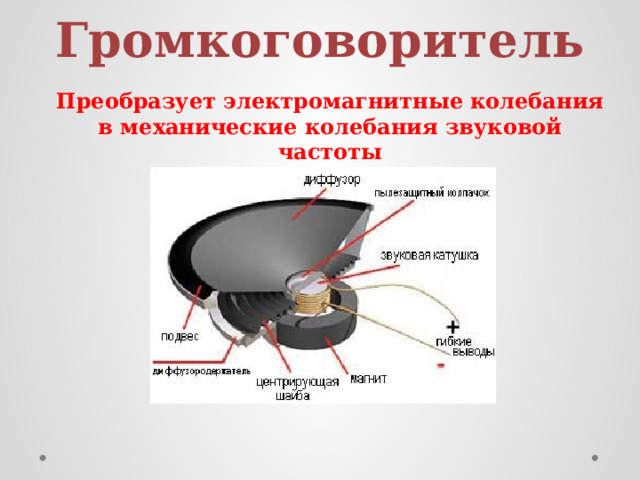 Громкоговоритель Преобразует электромагнитные колебания в механические колебания звуковой частоты 