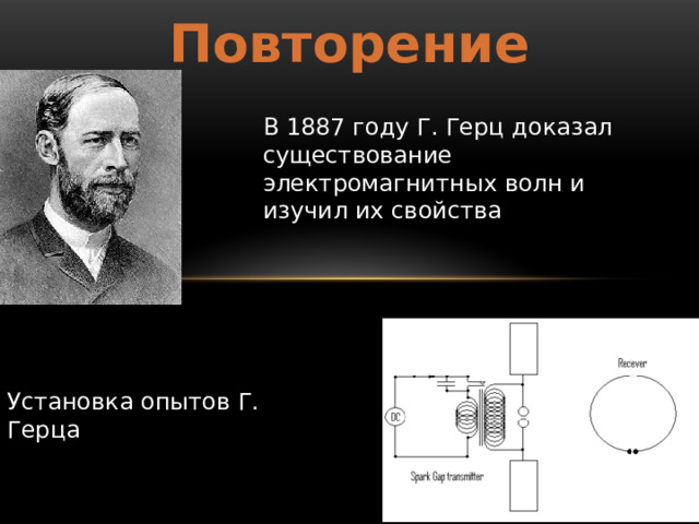 Повторение В 1887 году Г. Герц доказал существование электромагнитных волн и изучил их свойства Установка опытов Г. Герца 
