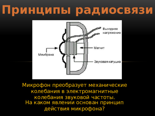 Принципы радиосвязи Микрофон преобразует механические колебания в электромагнитные колебания звуковой частоты. На каком явлении основан принцип действия микрофона? 