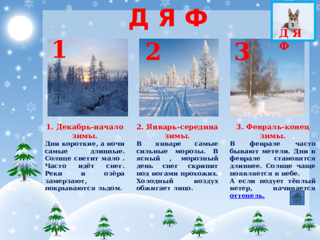 Д Я Ф Д Я Ф 1 3 2 1. Декабрь-начало зимы. 2. Январь-середина зимы. 3. Февраль-конец зимы. Дни короткие, а ночи самые длинные. Солнце светит мало . Часто идёт снег. Реки и озёра замерзают, покрываются льдом. В январе самые сильные морозы. В ясный , морозный день снег скрипит под ногами прохожих. Холодный воздух обжигает лицо. В феврале часто бывают метели. Дни в феврале становятся длиннее. Солнце чаще появляется в небе. А если подует тёплый ветер, начинается оттепель. 