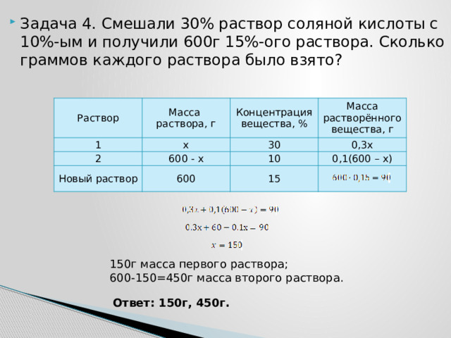 Задача 4. Смешали 30% раствор соляной кислоты с 10%-ым и получили 600г 15%-ого раствора. Сколько граммов каждого раствора было взято? Раствор 1 Масса раствора, г x Концентрация вещества, % 2 Масса растворённого вещества, г 30 600 - x Новый раствор 600 0,3x 10 0,1(600 – x) 15 150г масса первого раствора; 600-150=450г масса второго раствора. Ответ: 150г, 450г. 