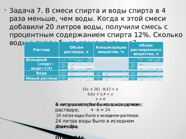Задача 7. В смеси спирта и воды спирта в 4 раза меньше, чем воды. Когда к этой смеси добавили 20 литров воды, получили смесь с процентным содержанием спирта 12%. Сколько воды в смеси было первоначально? Раствор Объём раствора, л Исходный (спирт : вода=1:4) Концентрация вещества, % Вода Объём растворённого вещества, л   Новый раствор   6 литров спирта было в исходном растворе; 24 литра воды было в исходном растворе. Ответ: 24л. 
