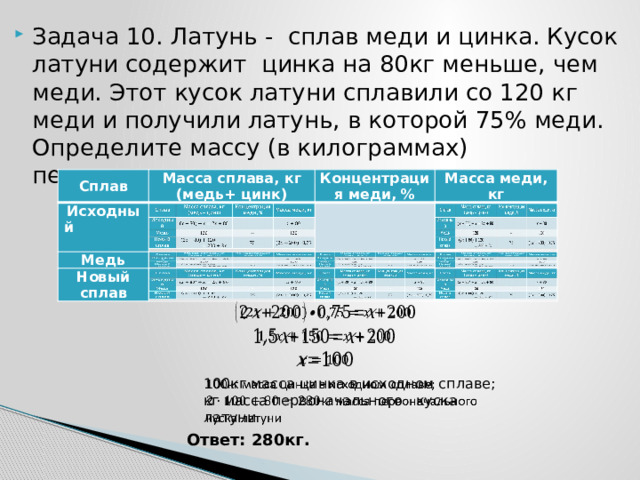 Задача 10. Латунь - сплав меди и цинка. Кусок латуни содержит цинка на 80кг меньше, чем меди. Этот кусок латуни сплавили со 120 кг меди и получили латунь, в которой 75% меди. Определите массу (в килограммах) первоначального куска латуни. Сплав Масса сплава, кг Исходный (медь+ цинк) Медь Концентрация меди, % Новый сплав   Масса меди, кг       100кг масса цинка в исходном сплаве;   кг масса первоначального куска латуни Ответ: 280кг. 