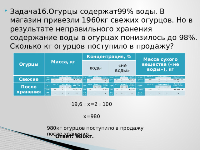 Задача16.Огурцы содержат99% воды. В магазин привезли 1960кг свежих огурцов. Но в результате неправильного хранения содержание воды в огурцах понизилось до 98%. Сколько кг огурцов поступило в продажу? Огурцы Огурцы Масса, кг Масса, кг     Концентрация, % Свежие Концентрация, % Свежие воды воды После хранения После хранения Масса сухого вещества («не воды»), кг «не воды» Масса сухого вещества («не воды»), кг «не воды» 19,6 : x=2 : 100 x=980 980кг огурцов поступило в продажу после хранения. Ответ: 980кг. 
