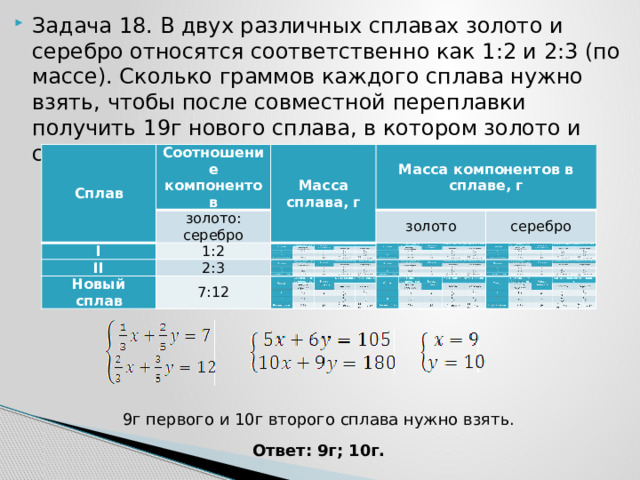 Задача 18. В двух различных сплавах золото и серебро относятся соответственно как 1:2 и 2:3 (по массе). Сколько граммов каждого сплава нужно взять, чтобы после совместной переплавки получить 19г нового сплава, в котором золото и серебро находятся в отношении 7:12? Сплав Сплав Соотношение компонентов Соотношение компонентов Масса сплава, г Ι Масса сплава, г золото: серебро золото: серебро Ι Масса компонентов в сплаве, г Масса компонентов в сплаве, г 1:2 1:2 ΙΙ ΙΙ Новый сплав 2:3 Новый сплав золото золото 2:3 7:12 7:12 серебро серебро 9г первого и 10г второго сплава нужно взять. Ответ: 9г; 10г. 