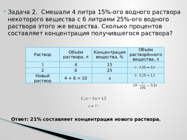 Задача 2. Смешали 4 литра 15%-ого водного раствора некоторого вещества с 6 литрами 25%-ого водного раствора этого же вещества. Сколько процентов составляет концентрация получившегося раствора? Раствор Объём раствора, л 1 4 Концентрация вещества, % 2 Объём растворённого вещества, л 15 6 Новый раствор 4 + 6 = 10 25 х Ответ: 21% составляет концентрация нового раствора. 