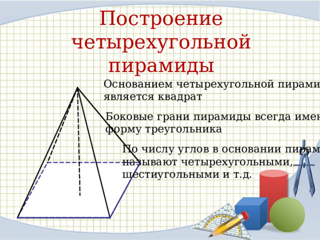 Построение четырехугольной пирамиды Основанием четырехугольной пирамиды является квадрат Боковые грани пирамиды всегда имеют форму треугольника По числу углов в основании пирамиды называют четырехугольными, шестиугольными и т.д. 