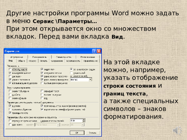 Другие настройки программы Word можно задать в меню Сервис Параметры…  При этом открывается окно со множеством вкладок. Перед вами вкладка Вид . На этой вкладке можно, например, указать отображение  строки состояния и  границ текста ,  а также специальных символов – знаков форматирования.   