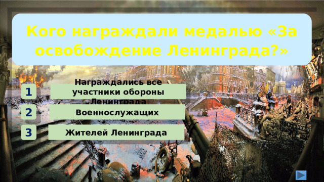 Кого награждали медалью «За освобождение Ленинграда?» Награждались все участники обороны Ленинграда 1 Военнослужащих 2 Жителей Ленинграда 3 