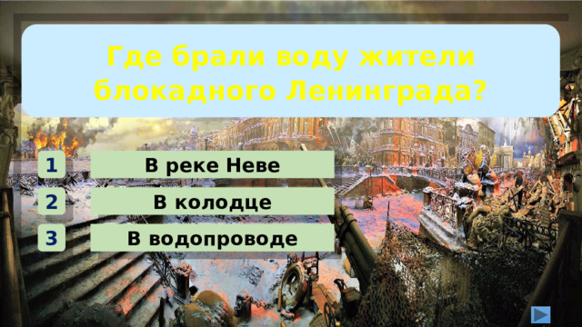 Где брали воду жители блокадного Ленинграда? В реке Неве 1 В колодце 2 В водопроводе 3 