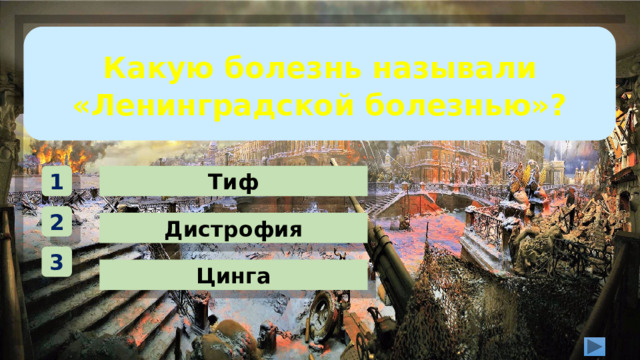 Какую болезнь называли «Ленинградской болезнью»? Тиф 1 2 Дистрофия 3 Цинга 