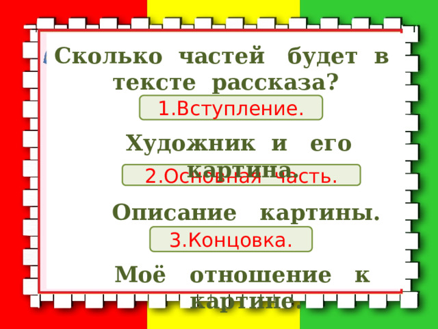 Сколько частей будет в тексте рассказа? 1.Вступление. Художник и его картина. 2.Основная часть. Описание картины. 3.Концовка. Моё отношение к картине. 